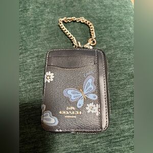 Coach Zip Card Case Wallet With Butterfly Print Silver Chain $150, Black/Blue